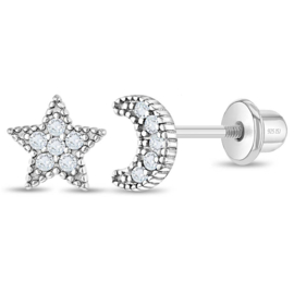 Kinderoorbellen Sterling zilver 925 met schroefsluiting Ster en maan "In Season Jewelry"