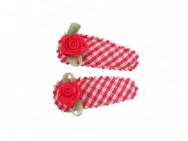 Babyhaarspeldjes rood geruit met rood roosje