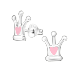 Kinderoorbellen Sterling zilver 925 Kroon hartje roze