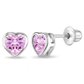 Kinderoorbellen Sterling zilver 925 met schroefsluiting Hart roze "In Season Jewelry"