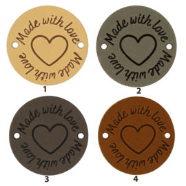 Leren label rond 3,5 cm - Made with love ♥ - 2 stuks