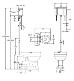 BURC5-19 Burlington toilet pot met vloer aansluiting en hooghangend keramisch reservoir met dubbele spoeling