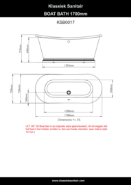 KSB0017,  klassiek Boot bad, wit, 170cm ,  Vrijstaand Bad