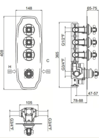 klassieke Inbouw douchekop 50x40cm met MB2288 drieweg thermostatische inbouwkraan en handdouche, chroom