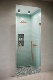 Maatwerk douchedeur met geborsteld brons beslag ( Hans Grohe, Damixia )