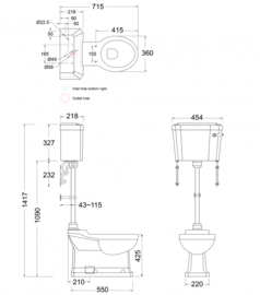 KST0009 Klassiek toilet met AO uitgang, medium hooghangende stortbak