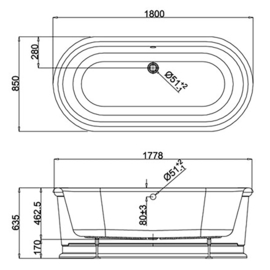 KSB0019 Klassiek vrijstaand bad, soaking tub bath vlak. 180x85x63cm