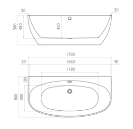 Back to wall bad 170cm KSB0052 met verchroomde overloop*