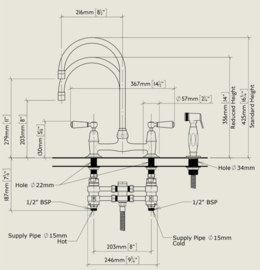 Klassieke Engelse keukenkraan BW1030 met uitneembare handdouche chroom