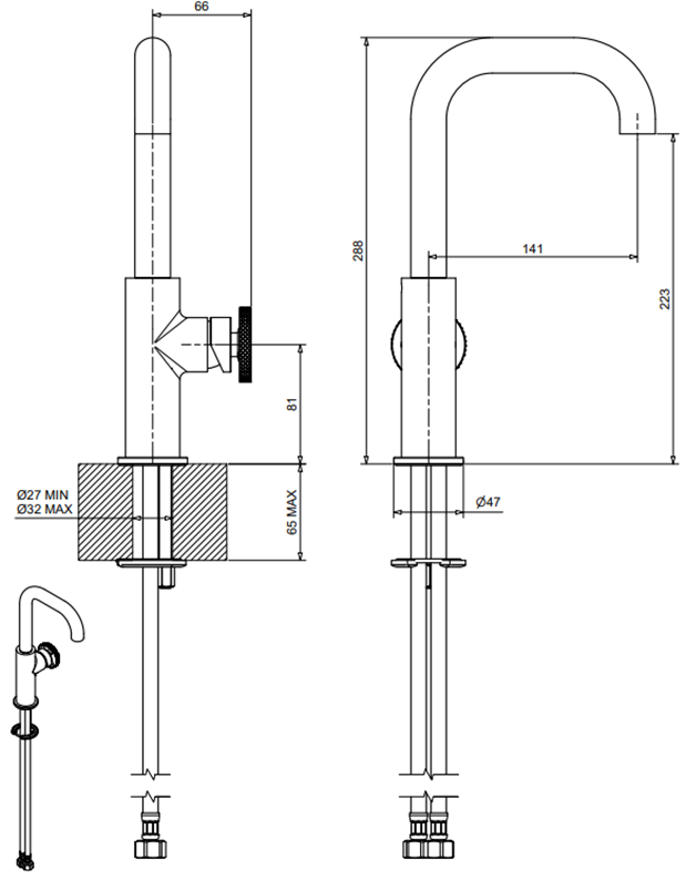 Industriële verhoogde wastafelkraan MB4513 van de 1950 serie met klik afvoer, chroom