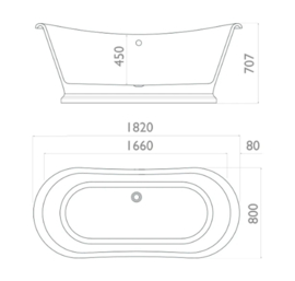 Grootste klassieke vrijstaande bad KSB0035 van 182x80cm, wit met kleur optie