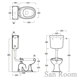 AR812  Klassiek toilet met laaghangend reservoir, vloeruitlaat AO