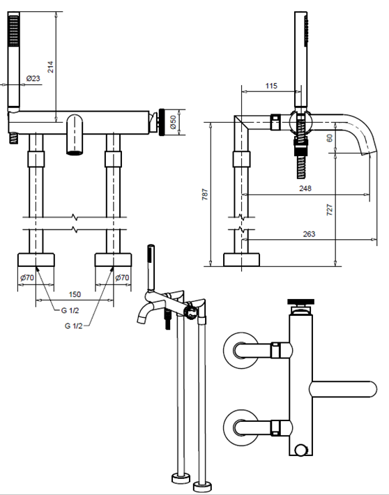 Industriële badmengkraan set MB4503 op poten voor montage naast een bad, chroom