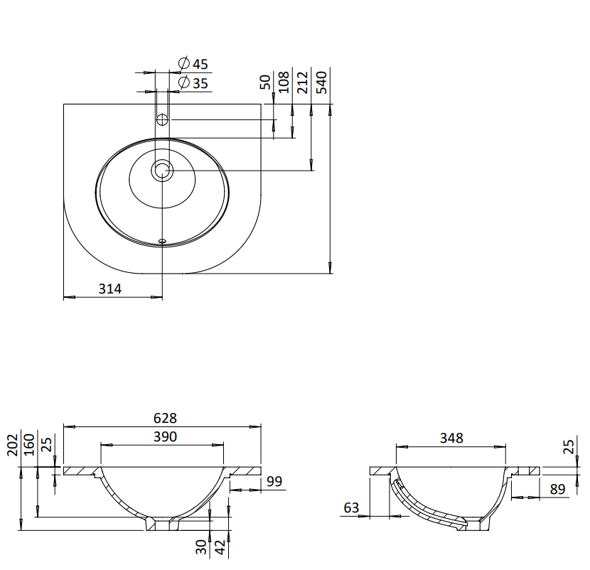 Klassiek halfrond meubel 65cm Burlington model FC5-BW65 met carrara look bovenblad