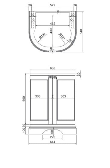 Klassiek halfrond meubel 65cm Burlington model FC5-BW65 met carrara look bovenblad
