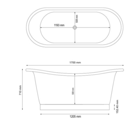 Koperen bad "MacAnn" KSB0083 met vernikkelde binnenkant 170 x71cm