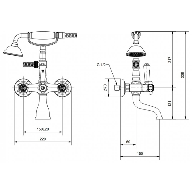 Klassieke badkraan MB2232 met Colonial grepen en handdouche, chroom( A.3.0 )