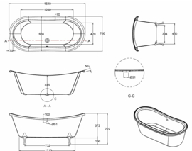 KSB0066 Klassiek Bateau bad 164cm, solid surface, wit