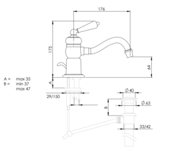 Klassieke eengats wastafelkraan in verouderd messing met zwarte of witte hendel TH003, Kenny and Mason