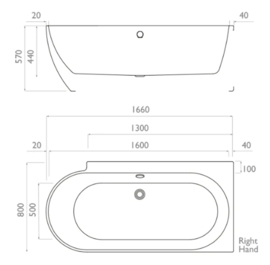 Douche bad rechts KSB0050 wit, 166cm met verchroomde overloop*