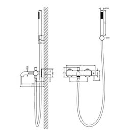Industriële, design badmengkraan, wand model, uit de Tortu serie in PVD 5 kleuren