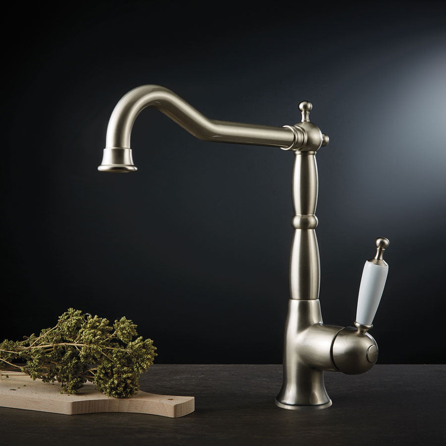 KSOX6 -382  Klassieke keuken mengkraan 1- gats met draaibare uitloop en witte handel, chroom ( A.4.5 )
