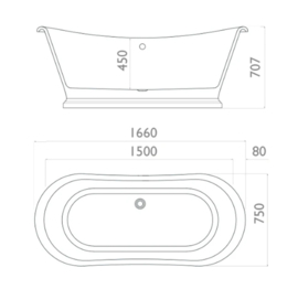 klassiek vrijstaand Bateau bad 166x75cm, wit. veel kleur opties