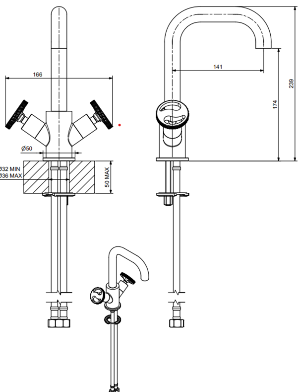 Industriële wastafelkraan MB4534 van de 1950 serie met klik afvoer, chroom
