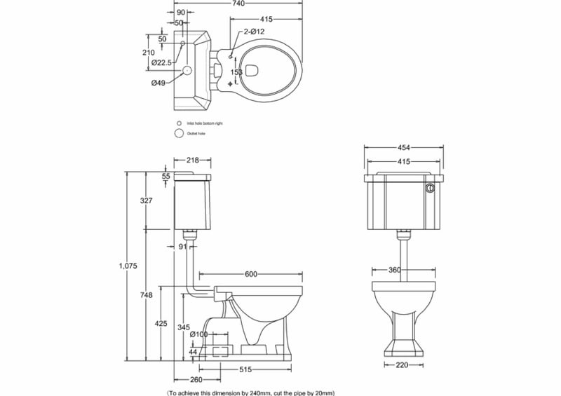 BURC01-19 klassiek toilet met Nederlandse AO aansluiting en laag hangend toilet TOILETTEN EN BIDETS | Klassiek Sanitair / Complete design landelijke badkamers.