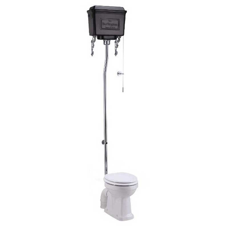 BURT60-02PK  Burlington toilet met EEN MUUR pk aansluiting met mat zwart aluminium reservoir en verchroomde valpijp