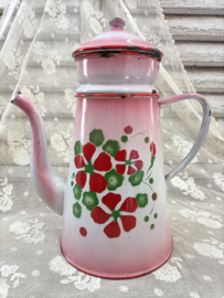 Oud roze emaille koffiepot met filter