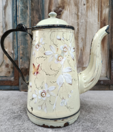 Oud Frans gebloemd emaille koffiepot VERKOCHT