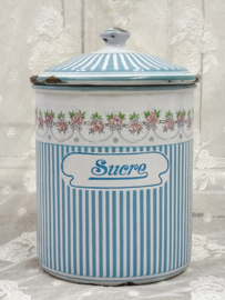 Oud emaille voorraadbus Sucre