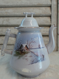 Oud emaille theepot winterlandschap Klein VERKOCHT