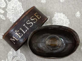 Oud Melisse flesje in blikken foedraal