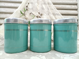 Oud mintgroen emaille bussen set VERKOCHT