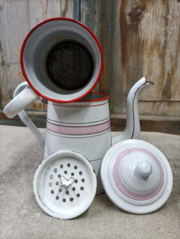 Oud emaille koffiepot met roze banden VERKOCHT