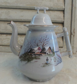 Oud emaille theepot winterlandschap Klein VERKOCHT