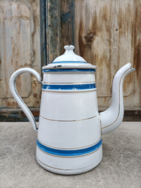 Oud Frans emaille koffiepot, blauwe banden