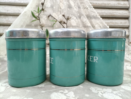 Oud mintgroen emaille bussen set VERKOCHT