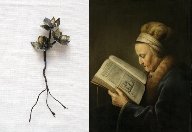 Takje met drie bloemetjes bedrukt met Rijksmuseum schilderij Lezende oude vrouw