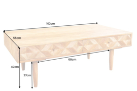 Massief houten salontafel ALPINE 105 cm natuurlijke acaciahoningafwerking met opbergladen