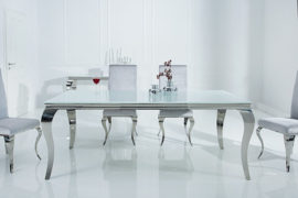 Elegante design eettafel MODERN BAROQUE 180cm wit roestvrijstalen opaal glazen tafelblad
