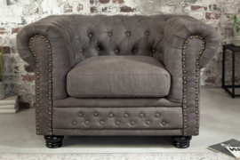 Chesterfield fauteuil 105 cm vintage grijs taupe met knoopsluiting en veerkern