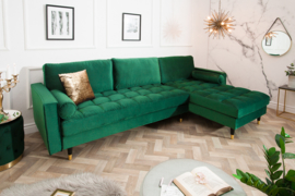 Elegante loungebank COSY VELVET 260 cm smaragdgroen fluweel stof.lounge gedeelte aan beide zijde op te monteren.