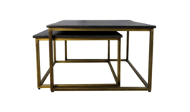 Vierkante salontafel - 70x70 cm - black wash/antique gold - set van 2