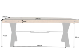 Massieve eettafel ROAD 200cm naturel gerecycled grenen industrieel design X-frame