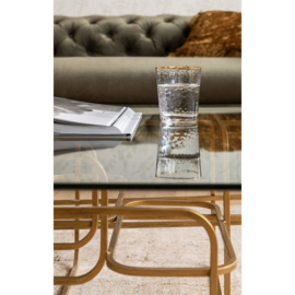 Rechthoekige salontafel Meander met glazen blad en gouden frame  140cm
