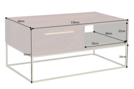 Massief salontafel RECHT 110 cm acaciahout bruin goud met lades