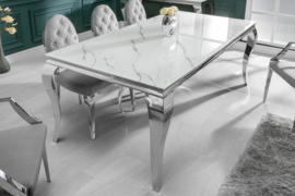 Elegante eettafel MODERN BAROK 200cm glazen blad in marmerlook roestvrijstalen poten